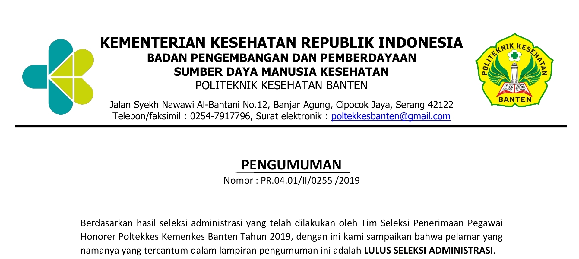 daftar bahan penukar kemenkes PENGUMUMAN LULUS SELEKSI ADMINISTRASI Poltekkes Kemenkes 